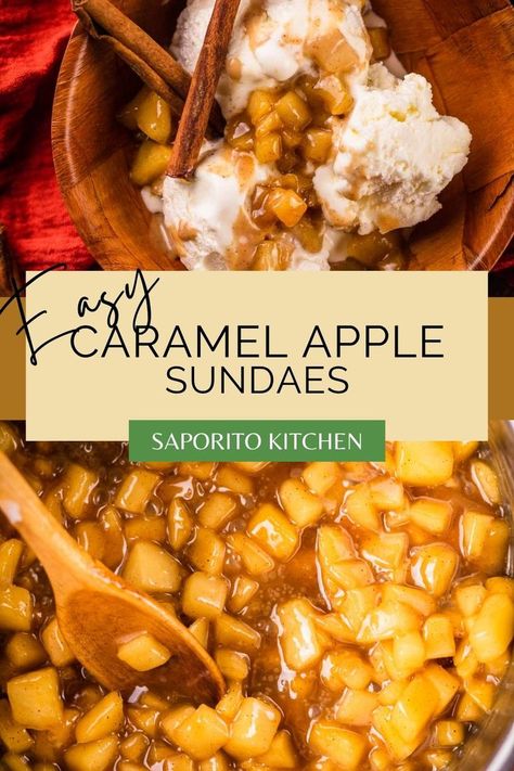 wooden spoon stirring cooked apples in caramel sauce and wooden bowl filled with ice cream and apple caramel topping with two cinnamon sticks Apple Caramel Sauce Recipe, Caramel Apple Ice Cream Topping, Apple Sauce For Ice Cream, Apple Pie Ice Cream Topping, Caramel Apple Sundae, Carmel Apple Sauce Recipes, Apple And Ice Cream Desserts, Apple Topping For Ice Cream, Caramel Apple Sauce Recipe