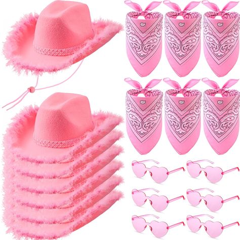 PRICES MAY VARY. fabric, feather, sequins Imported pink closure Hand Wash Only Package Variety: the package includes 6 cowgirl hats bulk, 6 pink bandanas, and 6 pairs of transparent heart glasses, making it an good choice for group parties or events; You can also present them as gifts to your loved ones, symbolizing a thoughtful gesture Ideal Size for Women Girls: our cowgirl hat pink measures approximately 14.96 x 11.81 x 5.12 inches, with adjustable drawstring so you can adjust it to your need Pink Cowgirl Party Favors, Pink Birthday Accessories, Cowgirl Pink Hat, Pink Cow Party Ideas, Pink Cowgirl Bachelorette Party Outfit, Cowgirl Pink Party, Pink Birthday Theme Ideas, Pink Cowgirl Party Outfit, Pink Cowgirl Party Ideas