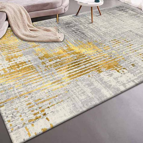 Beige And Yellow Living Room, Rug For Room, Yellow Rugs, Yellow Grey Rug, Yellow Bedroom Decor, Yellow Carpet, Small Living Room Layout, Modern Abstract Print, L Shaped Couch