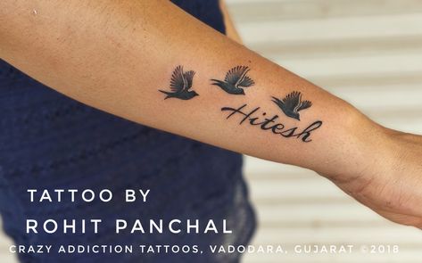 Birds with name of Hitesh tattoo by Rohit Panchal at Crazy Addiction Tattoos Rohit Name Tattoo Design, Hitesh Name Tattoo, Name With Birds Tattoo, Sakshi Name Tattoo, Bird Tattoo Men, Black And White Models, Flying Bird Tattoo, Bird Tattoos, Photoshop Digital Background