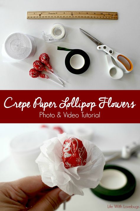 Crepe Paper Lollipop Flowers + Video Tutorial - Life With Lovebugs Bouquet For Mother's Day, Paper Lollipop, Lollipop Flowers, Crepe Paper Flowers Tutorial, Lollipop Bouquet, Make A Bouquet, Crepe Paper Flowers Diy, Candy Bouquet Diy, Cadeau Parents