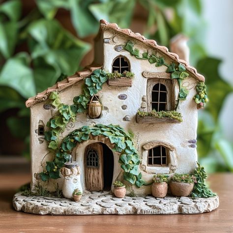 Create your own pocket paradise with our artisan crafted miniature clay houses, transforming your surroundings into a whimsical haven. Clay Mini House Diy, Clay Cottage House, Garden Ceramics Sculpture, Fairy House Sculpture, Clay Houses Architecture, Mini Clay House, Stuff To Make With Clay, Clay Fairy Houses, Ceramic Houses Pottery