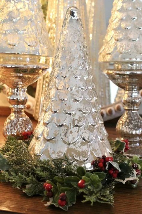 Silver Mercury Glass Christmas Trees, Mercury Glass Christmas Tree Tablescape, Mercury Glass Christmas Trees Display, Crystal Tablescape, White Christmas Diy, Mercury Glass Trees, White Christmas Ideas, Christmas Tree Collars, Diy Holiday Decorating