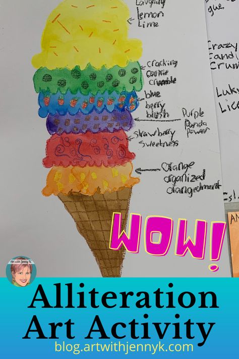 Sneak in a little learning about alliterations this summer with this fun ice cream cone activity! Combining art and poetry makes learning fun for kids. Language Arts Art Projects, Ice Cream Classroom Activities, Ice Cream Writing Activities, Literacy Activities Elementary, Fun Language Arts Activities, Fun Poetry Activities, Alliteration Activities, Elementary School Craft, Summer Activity For Kids