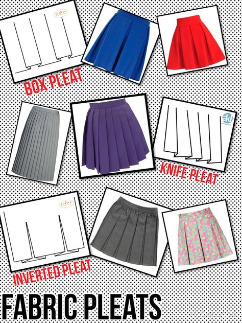 Fabric Pleats | Box, Knife & Inverted Inverted Box Pleat Skirt, Pleated Skirt Tutorial, Crochet Kerchief, Inverted Box Pleat, Fashion Terminology, Teaching Sewing, A Level Textiles, Fashion Illustration Collage, Box Pleat Skirt