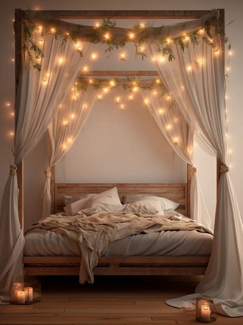 String Lights Bedroom – Nymphs Cottage Core Bedroom, String Lights In The Bedroom, Canopy Bedroom, Fairy Lights Bedroom, التصميم الخارجي للمنزل, Canopy Bed, Room Inspiration Bedroom, Dream Rooms, Bedroom Lighting