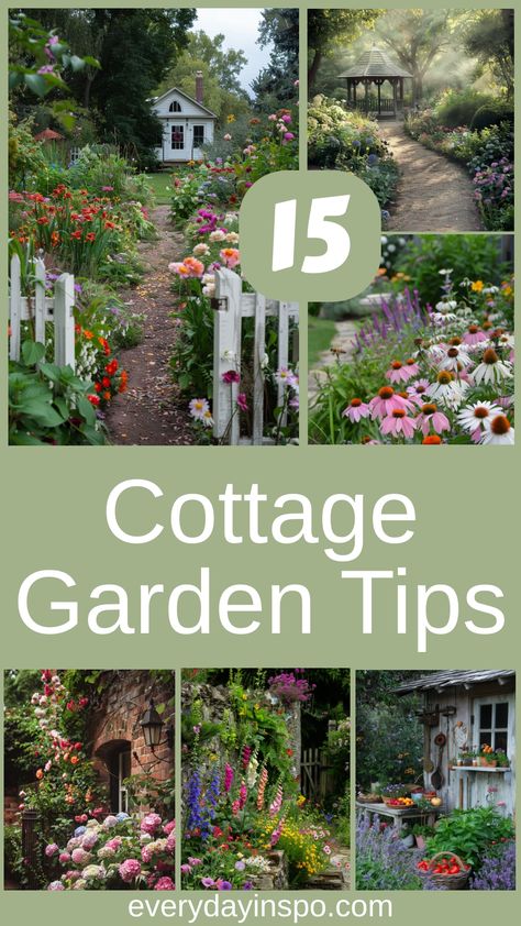 Use these 15 tips to see how to design and plant the perfect cottage garden. Includes tips on garden decor and planting schemes to complement them. Country Garden Design Ideas, Cottage Style Backyard Landscaping, English Garden Front Yard Curb Appeal, How To Plant A Cottage Garden, Cottage Garden Flower Beds, Front Garden Cottage Style, How To Start A Cottage Garden, Cottage Garden Trees, Low Maintenance Cottage Garden