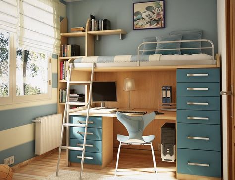 Small spaces to be creative in are certainly difficult to work with, but they can also end up being some of the best ideas you ever had for a design.  Summer is almost over and kids are heading off to school to their first dorm rooms.  Here are some idea's on how to set up a boys decor. Cool Teen Rooms, Boys Dorm Room, A Loft Bed, Ideas Habitaciones, Loft Bed With Desk, Bunk Bed With Desk, Modern Bunk Beds, Small Kids Room, Bed With Desk