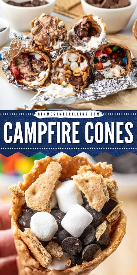 Looking for a new campfire treat this summer? Campfire Cones are your new campfire obsession. Roast them up with marshmallows, chocolate chips, graham crackers, and peanut butter for a melty, delicious treat – way easier than S’mores! S’more Cones, Campfire Treats Fire Pits, Campfire Desserts On A Stick, Edible Campfire, Campfire Cones Recipe, Bonfire Night Treats, Campfire Cones, Campfire Snacks, Summer Campfire