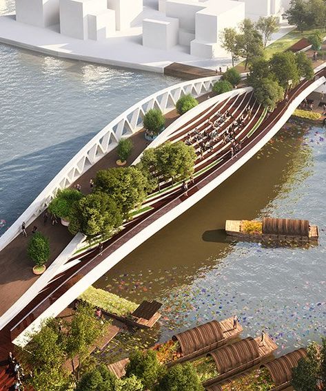 MVRDV's dawn bridge provides viewing platform for pedestrians near shanghai Bridges Architecture, Viewing Platform, Bridge Structure, Urban Landscape Design, Plans Architecture, Desain Lanskap, Landscape Architecture Design, Pedestrian Bridge, Bridge Design