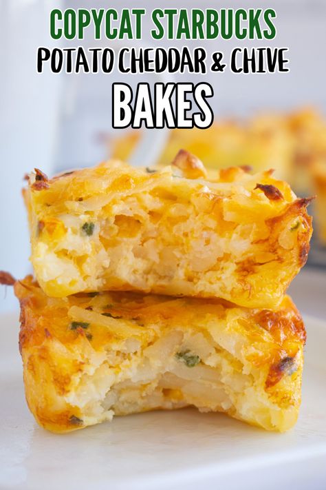 Copycat Starbucks Potato Cheddar and Chive Bakes - Make the Best of Everything Egg And Potato Bites, Starbucks Potato And Chive Egg Bites Recipe, Brunch Side Ideas, Starbucks Recipes Food, Bite Size Breakfast Ideas, Sides For Breakfast, Easy Baked Potato, Starbucks Egg Bites, Egg Bites Recipe