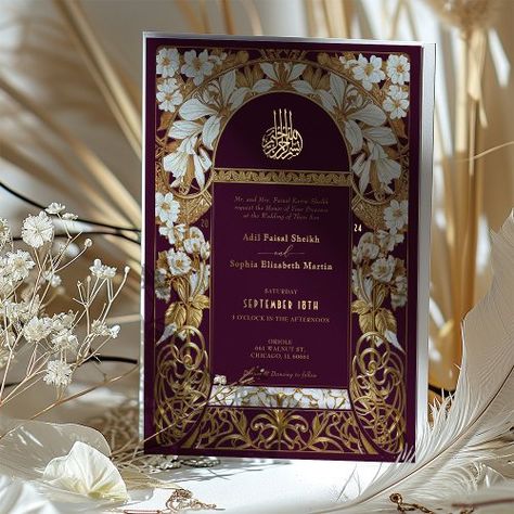 $4.2 | Plum Burgundy Islamic Wedding Antique Gold Muslim - plum burgundy gold wedding invite, antique gold islamic invitation, bismillah elegant wedding card, rich burgundy muslim invite, art nouveau inspired nuptials, deep plum gold floral invitation, cultural elegance wedding stationery, arabic calligraphy wedding card, vintage burgundy gold matrimony, monogrammed islamic wedding invite Burgundy Backdrop, Egyptian Wedding, Islamic Wedding, Foil Wedding Invitations, Foil Invitations, Gold Wedding Invitations, Deep Burgundy, Wedding Calligraphy, Burgundy And Gold