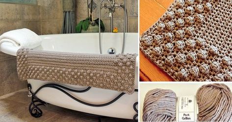 Crochet Bath Mat (Free pattern) Crochet Bath Mat, Hantverk Diy, Crochet Flats, Crochet Rugs, Crochet Mat, Crochet Kitchen, Crochet Home Decor, Puff Stitch, Stitch Crochet