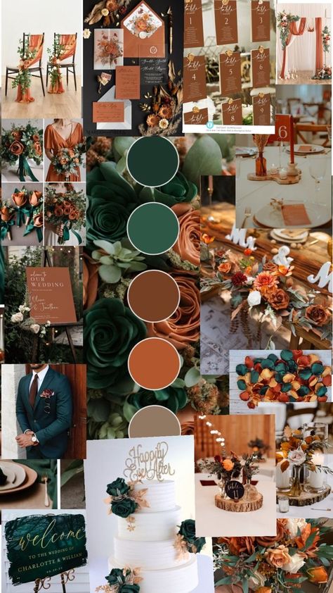 Green Fall Weddings, Wedding Theme Color Schemes, Rusting Wedding, Wedding Color Pallet, Fall Wedding Color Palette, Burnt Orange Weddings, Dream Wedding Decorations, Wedding Themes Fall, Dream Wedding Ideas Dresses