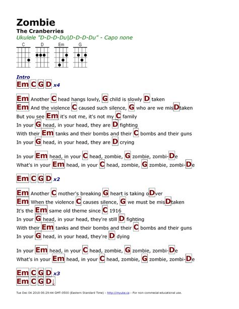 D-D-D-DU-U-UDUDU Zombie Guitar Chords, Zombie Cranberries, Ukulele Songs Popular, Kunci Ukulele, Akordy Na Ukulele, Cranberries Zombie, Piano Songs Chords, Ukulele Fingerpicking Songs, Ukulele Tabs Songs