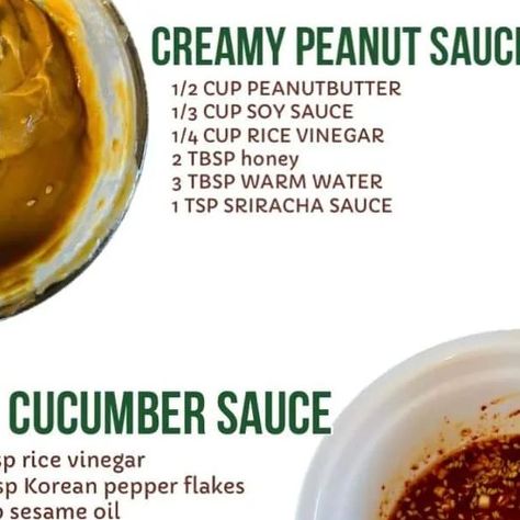 Chef zouheir on Instagram: "Easy Homemade Sauces in 5 Minutes 

1. CREAMY PEANUT SAUCE
1/2 CUP PEANUTBUTTER
1/3 CUP SOY SAUCE
1/4 CUP RICE VINEGAR
2 TBSP honey
3 TBSP WARM WATER
1 TSP SRIRACHA SAUCE

2. KOREAN CUCUMBER SAUCE
I tbsp rice vinegar
1 tbsp Korean pepper flakes
1 tsp sesame oil
1 tsp sesame seeds
1 clove garlic minced
1 tsp sugar
1/4 tsp black pepper

3. MAYO CHILI SAUCE
1/4 cup mayo
1 tbsp Thai sweet chili sauce
1 tsp Sriracha Sauce" Korean Cucumber, Cucumber Sauce, Dip Dip, Asian Sauce, Sriracha Sauce, Sweet Chili Sauce, Peanut Sauce, Homemade Sauce, Sweet Chili