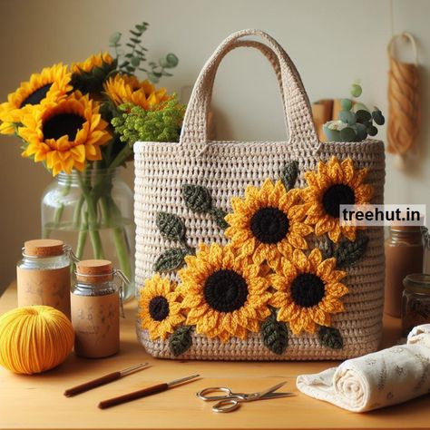 Sunflower Crochet Ideas for Home, Cushions, Bedcover, Grocery Bags Sun Flower Crochet Bag, Sunflower Crochet Ideas, Crochet Bags Ideas, Advanced Crochet Patterns, Sunflower Bag Crochet, Sunflower Crochet Bag, Sunflowers Crochet, Crochet Sunflower Bag, Sunflower Crochet Pattern