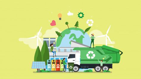 Green eco friendly city tiny people char... | Premium Vector #Freepik #vector #people Art From Waste Ideas Creative, Eco Friendly City, Art From Waste, Waste Management Open, Bank Sampah, Technology City, Cleaning Service Flyer, Tiny People, Vector People