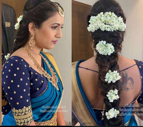 Bride Hairstyle For Engagement, Hairdo For Engagement Indian, Hairstyles For Srimantham, Hairstyles For Functions Indian Saree, Hair Styles For Function Indian, Seemantham Hairstyle Ideas, Bridal Hairstyle South Indian Wedding, Seemantha Hairstyle, Hairstyle For Seemantham