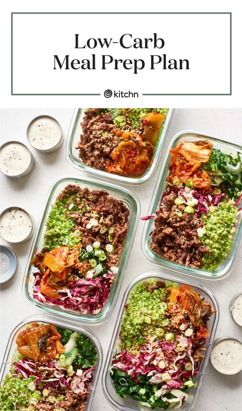 Low-Carb Meal Prep: A Week of Meals | Kitchn No Carb Dinner Meal Prep, Low Carb Weekly Meal Prep, High Protein Low Carb Meal Prep Ideas, Low Carb Food Prep For The Week, Low Carb Lunch Prep For The Week, Slow Carb Meal Prep, Lower Carb Meal Prep, Low Carb High Protein Meal Prep Plan, Meal Prep For The Week High Protein Low Calorie