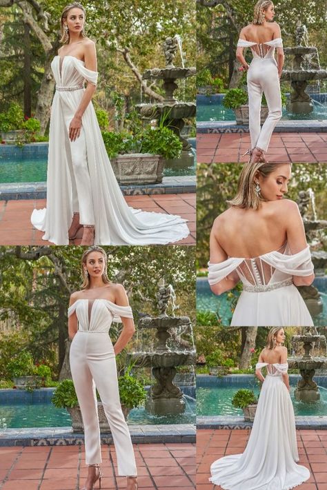 "Kinsley" is a modern day Boho inspired Chiffon and Stretch Crepe jumpsuit with a detachable overskirt to create that perfect 2-in-1 look. This chic jumpsuit is accented with a beautiful portrait neckline and back peek-a-boo corset. From the aisle to the dance floor, this 2-in-1 beauty is everything you need. Wedding Dress Turns Into Jumpsuit, Wedding Jumpsuit With Skirt, Wedding Dress With Detachable Skirt Pants, Boho Jumpsuit Wedding, Fantasy Wedding Jumpsuit, Modern Day Bride, Bridal Jumpsuit The Bride With Skirt, Wedding Dress Into Jumpsuit, Wedding Jumpsuit With Overskirt