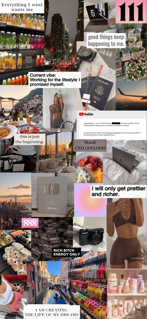 Attracting Money Manifesting Vision Board 2024, Ca Aesthetics, Manifestation Aesthetic Photos, Dream Vision Board Law Of Attraction, That Girl Vision Board, Manifestation Mood Board, Manifest Vision Board, Manifestation Boards, Law Of Attraction Aesthetic