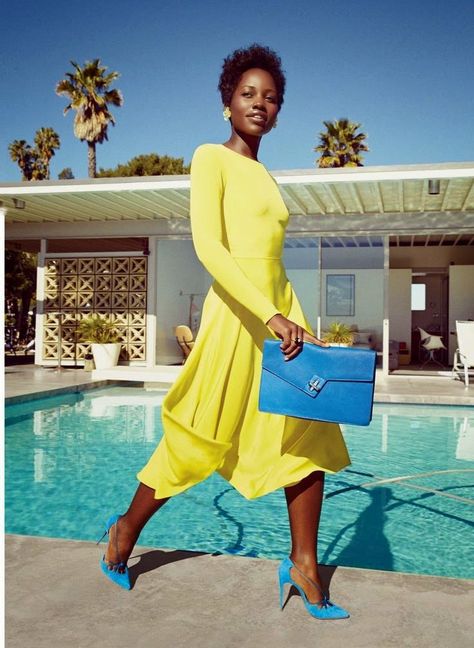 Lupita Nyong’o in a bright yellow dress with blue clutch and heels - so pretty! | Fashion, Style, Women Egg Yoke, Gugu Mbatha Raw, Lupita Nyongo, Lucky Magazine, Lupita Nyong'o, Mellow Yellow, New Classic, Style Chic, Black Is Beautiful