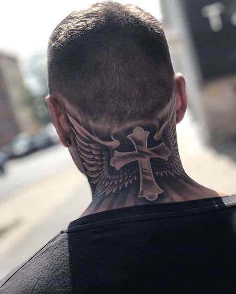 ☠︎Christian Berndt☠︎ on Instagram: “✖️faith gives you wings✖️ . . . #inkedmen #faith #faithtattoo #faithful #religiontattoo #tattooed #tattoo #tattoos #tatts #inkedup…” Back Of Neck Tattoo Men, Wing Neck Tattoo, Cross With Wings Tattoo, Hals Tattoo Mann, Religion Tattoos, Front Neck Tattoo, Tato Salib, Wing Tattoo Men, Best Neck Tattoos