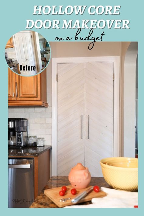 How to DIY hollow core door makeover on a budget with 1/4 wood in a chevron pattern. It's easy to update a plain door! #door #chevrondoor #doormakeover #H2OBungalow Door Revamp, Flat Panel Door Makeover, Louvered Bifold Doors, Update Interior Doors, Hollow Core Door Makeover, Interior Door Makeover, Diy Shaker Door, Door Redo, Hollow Core Door