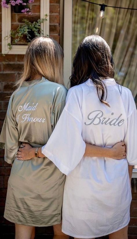 Unique Bridal Party Robes For Bride, Bridesmaids & Bride Squad | Team Bride Getting Ready Outfits Sage Green Wedding Maid Of Honor, Maid Of Honor Sage Green Dress, Sage Green Robe Bridesmaid, Bridesmaid And Bride Robes, Maid Of Honor Robe, Sage Robes Bridesmaids, Bride Robe Ideas, Sage Green Wedding Dress Bridesmaid, Sage Green Bridesmaid Robes