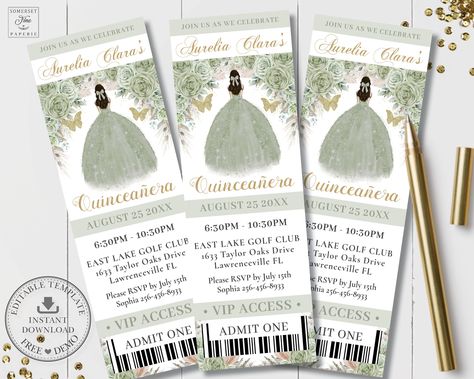 Boho Sage Green Floral Pampas Grass Princess Quinceañera Ticket VIP Invitation EDITABLE TEMPLATE Quince 15 Birthday Download Printable QC43 Vip Invitation, Vip Ticket, 15 Birthday, Green Roses, Sage Green Floral, Sage Green Dress, Invitation Diy, Vip Tickets, Ticket Invitation