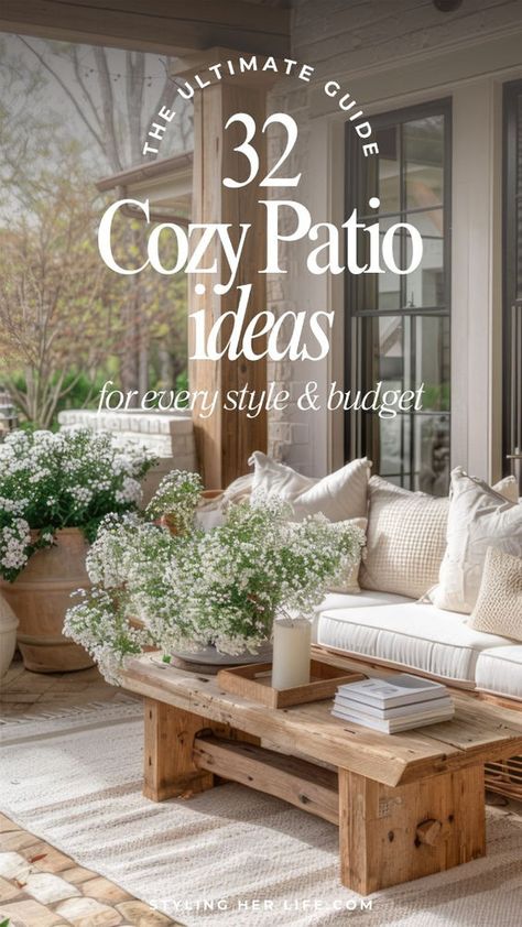 Struggling to make the most of your small patio? Our blog features 32 cozy ideas perfect for limited spaces and every budget. From modern sleek to rustic charm, find inspiration to create your ideal outdoor retreat. Explore affordable DIY projects, space-saving furniture tips, and stylish decor hacks to maximize your small garden area. Discover how to use vertical gardens, compact seating, and smart lighting to make your patio inviting and functional. Visit our blog to see all the creative solutions and start transforming your small patio today! Cozy Patio Ideas, Small Covered Patio, Small Patio Spaces, Small Patio Furniture, Small Patio Design, Small Outdoor Patios, Farmhouse Patio, Rustic Patio, Backyard Seating