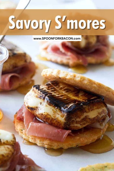 Prosciutto, melty brie cheese on a herb and cheese cookie drizzled with honey... need I say more? These Savory S'mores are so easy to make and super delicious, the perfect sweet and salty appetizer for any party. Pop over to our site for the recipe. | brie recipes | finger foods | party food | appetizer recipes | christmas appetizers | christmas recipes | smores | Sweet And Savory Smores, Fireside Savory S’mores, Savory Smores Ideas, Savory Smores Campfire, Savory Smores Board, Brie Smores, Savoury Smores, S’more Ideas, Savory Smores Cheese