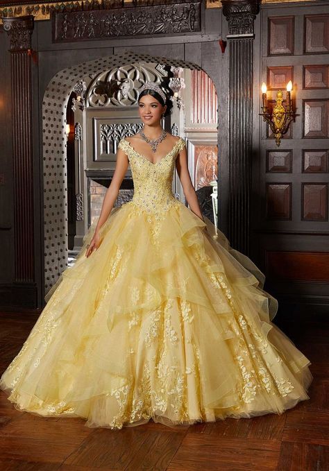 Quinceanera Dresses Yellow, Yellow Quince, Yellow Quinceanera Dress, Full Tulle Skirt, Quince Dress, Princess Sleeves, Ruffle Fabric, Quinceanera Dress, Mori Lee