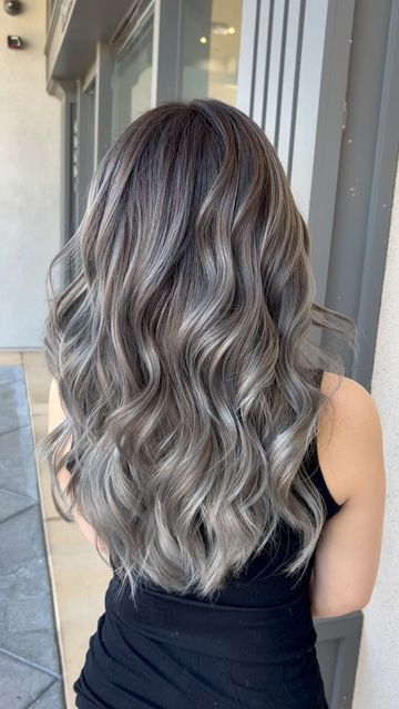 Kacie Nguyen on Instagram: "Look at that 😍🥵 Babylights & haircut for Tracy Assisted by @hairbyairaykuh #sunkissedsalon#babylights#highlights#goodhair#blended#hairbykacie#bayareahairstylist#sanjosehair#texture#haircut#layers#hairinspo#hairofinstagram#hairsalon#oribeobsessed" Grey Blending Babylights, Grey Brown Balayage, Baby Lights Cenizo, Ash Brown Curly Hair, Texture Haircut, Silver Balayage, Babylights Highlights, Balayage Hair Grey, Haircut Layers