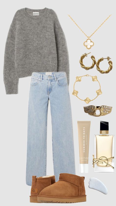 #chill #ootd #outfitinspo #outfit #chilloutfit #outfitideas #uggs #greysweater #gold Basic Uggs Outfit, Slay Fashion, Outfit With Uggs, Girly Clothes, Church Fits, Easy Outfits, Fit Clothes, Looks Pinterest, Outfit Inspo Casual