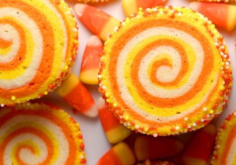 Spiral Cookies, Halloween Pinwheel Cookies, Spiral Sugar Cookies, Cookies With Candy Corn, Candy Corn Shortbread Cookies, Candy Corn Shaped Cookies, Peanut Butter Candy Corn Cookies, Candy Corn Slice Cookies, Candy Corn Turkey Cookies