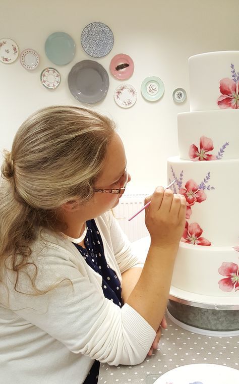 Watercolour Cakes, Embroidered Cake, Paint Cake, Wedding Cake Tutorial, Painting Cake, Hand Painted Wedding Cake, Flower Cake Design, Cake Painting, Truro Cornwall