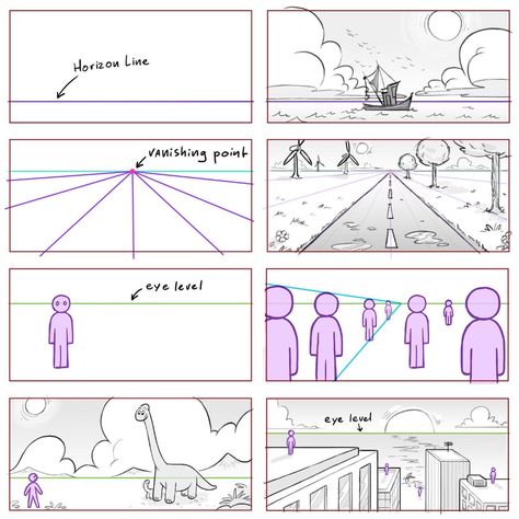 Perspective For Storyboard, Horizon Line Perspective, Horizon Line Drawing, Perspective Animation, Animation Perspective, Storyboard Tips, How To Draw Perspective, Perspective Study, Draw Perspective