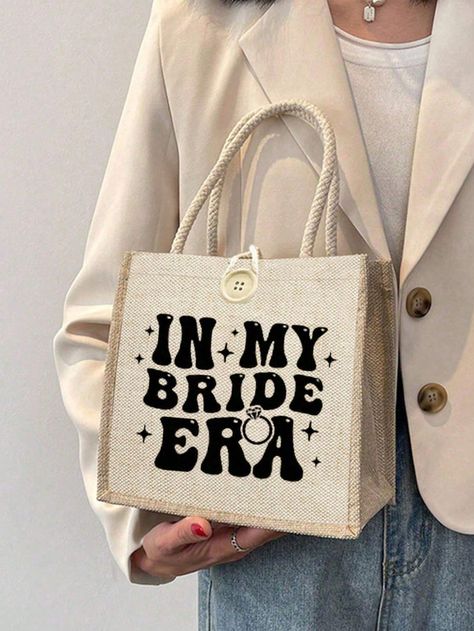 1pc "In My Bride Era" Letter Print Linen Handbag, Linen Button Decoration Handbag, Bridesmaid Gift, Simple Large Capacity Handbag, Portable Casual Storage Handbag, Multifunctional Shopping Bag, New Design, Large Capacity, Ideal For Shopping, Suitable For Wedding, Women, Dating, Back To School, Beach, Commuting, Picnic, Camping, Etc. Khaki Casual,Preppy,Vacation   Polyester Colorblock,Geometric,Letter,Plants Shoulder Tote Bag,Top Handle Bag   Women Bags, size features are:Bust: ,Length: ,Sleeve Length: Bride Era, Trending Totes, Preppy Vacation, Linen Handbags, Wedding Women, Button Decorations, Women Dating, Unique Crochet, Floral Print Shorts