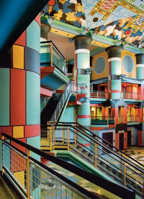 See the Most Radical Postmodern Interiors from Around the World - Galerie Postmodern Interior Design, Postmodern Architecture, Post Modern Architecture, Architecture Art Nouveau, Rice University, Ceiling Murals, Luxury London, Memphis Design, Architectural Styles