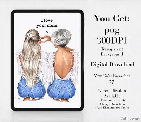 I Love You Mom Instant Download Personalized Gift Custom Mother Daughter Print Mom Birthday Gift Family Portrait Mothers Day Gift DIGITAL by AllessyArt on Etsy Personalized Illustration, Download Hair, Painted Illustration, Personalized Art Print, Gift Printable, Wall Decor Quotes, I Love You Mom, Love You Mom, Personalize Art