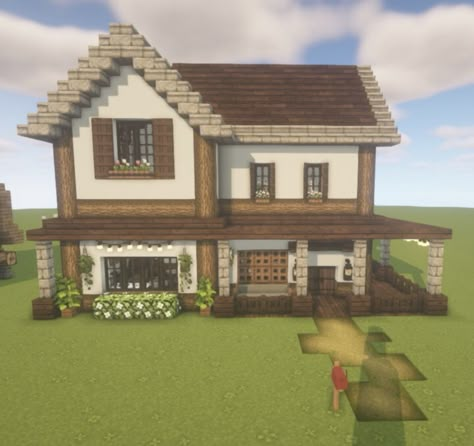 Minecraft White Concrete House, Farmhouse Ideas Minecraft, Minecraft 3 Person House, Pretty Minecraft Houses Easy, Minecraft House 2 Story, Modern Farmhouse Minecraft, Medium Size Minecraft Houses, Two Story House Minecraft, Birch Wood House Minecraft