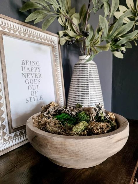 Looking for a quick easy Spring home decor hack? Make a DIY moss bowl! They are perfect for decorating your coffee table, dining table as a centerpiece, or on your bookshelves. Coffee Table Bowl Filler, Moss Bowl Coffee Table, Bowl Filler Ideas, Faux Moss Bowl, Moss Filled Bowl, Large Moss Bowl, Moss Bowl, Filler Ideas, Diy Moss