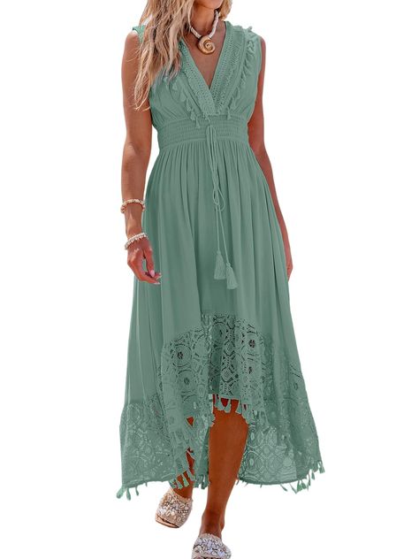 PRICES MAY VARY. [Unique Design]: Let us take for a touch of boho charm! Check out the mint green lace & tassel sleeveless maxi dress! With v neck, sleeveless, tassel detail, lace hem, smocked waist, a line and maxi length. Its relaxed silhouette and playful details are perfect for laid-back days or catching up with friends. [Perfect Sizing]: Available in XS=US(0-2), S=US(4-6), M=US(8-10), L=US(12-14), XL=US(16-18）. Please refer to our size chart for specific measurements to achieve the perfect Country Summer Dresses, Boho Dress Formal, Lace Tassel, Maxi Dress V Neck, Formal Long Dress, Beach Formal, Beachy Dresses, Women's A Line Dresses, Cover Up Beach