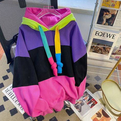 Color: Pink Funky Hoodie, Color Block Hoodie, Casual Hooded Sweatshirt, Streetwear Fits, Coat Women Fashion, Womens Sweatshirts Hoods, Sweatshirt For Women, Color Fashion, Coat Fashion