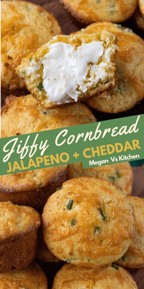 Spice up your typical cornbread by adding jalapenos, cheddar, and buttermilk to your Jiffy Cornbread Mix. These Jiffy Jalapeno Cornbread Muffins will be the star of your dinner table. Jiffy Jalapeno Cornbread, Spicy Cornbread Muffins, Jalapeno Cornbread Jiffy, Jiffy Mix Recipes, Jiffy Recipes, Spicy Cornbread, Jiffy Cornbread Recipes, Savory Cornbread, Cornbread Muffins Recipe