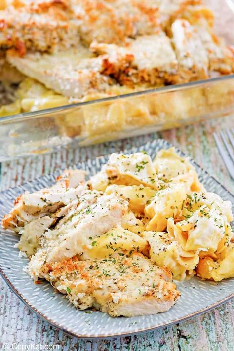 Olive Garden Asiago Tortelloni Alfredo with Grilled Chicken is a tasty Italian meal. Get the easy copycat recipe and find out how to make the best tortellini with Alfredo sauce, chicken, and cheesy Panko topping. No baking involved! Just cook the pasta and chicken, make the sauce, put it all in a casserole dish, top with mozzarella cheese and panko, then broil for few minutes. #tortellini #pastarecipe #pastadishes #olivegardenrecipes #copycat #copycatrecipe Restraunt Recipes, Baked Tortellini Recipes, Recovery Recipes, Olive Garden Chicken, Chicken And Pasta, Olive Garden Recipes, Chicken Tortellini, Tortellini Recipes, Sauce Chicken