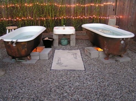 This is what a friend of Greg's did with their backyard. Love it, the fire below the tub, heats up the water. Outdoor Bathtub Fire, Fire Heated Bathtub, Outdoor Bath Diy, Fire Bath Outdoor, Outdoor Bathtub Diy, Backyard Bathtub, Outdoor Tub Ideas, Outdoor Tubs, Outdoor Clawfoot Tub