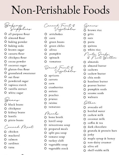 If you're looking for ideas on what to stock your pantry with, we've got you covered! We've created an extensive list of non-perishable foods so you always have healthy options on hand. Includes printable shopping list! #nonperishable #pantry #shoppinglist Seasoning To Have On Hand, Nonperishable Food List Camping, Fridge Must Haves Food Grocery Lists, Things To Always Have In Your Pantry, List Of Seasonings, Stock Pile Food List, Preppers Pantry Stockpile List, Prepper Food List, Pantry Stock Up List